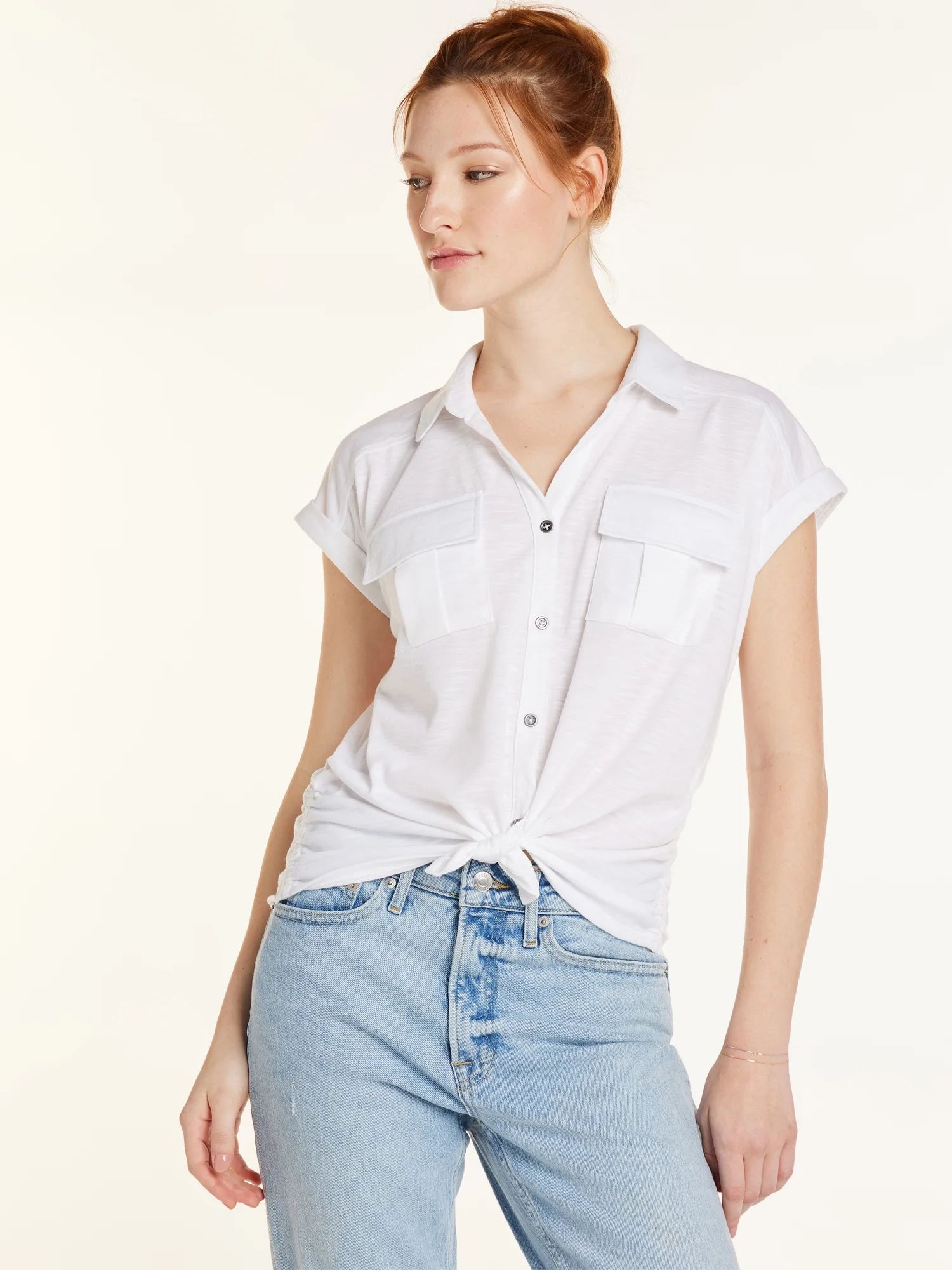 No Boundaries Juniors’ Tie Front Cargo Shirt with Short Sleeves, Sizes XS-XXXL | Walmart (US)
