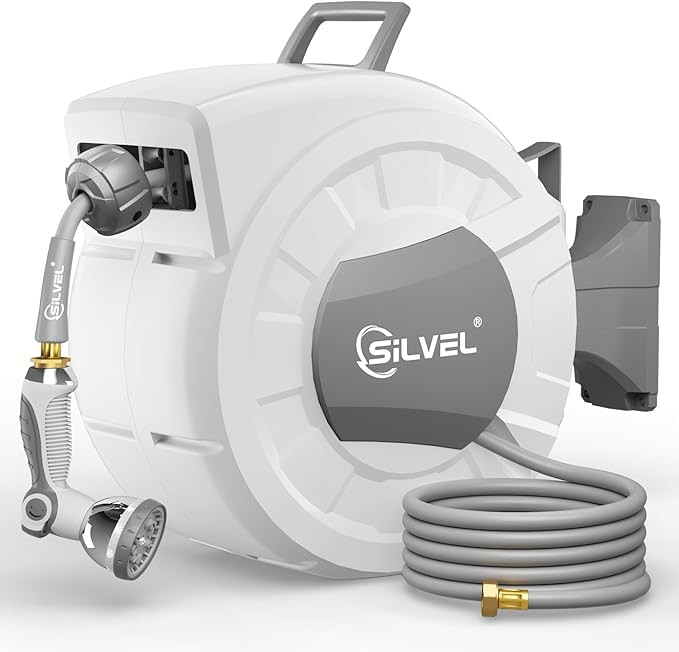 SILVEL Retractable Garden Hose Reel, 1/2 in x 100 ft Wall Mounted Garden Hose Reel, with 10 Patte... | Amazon (US)