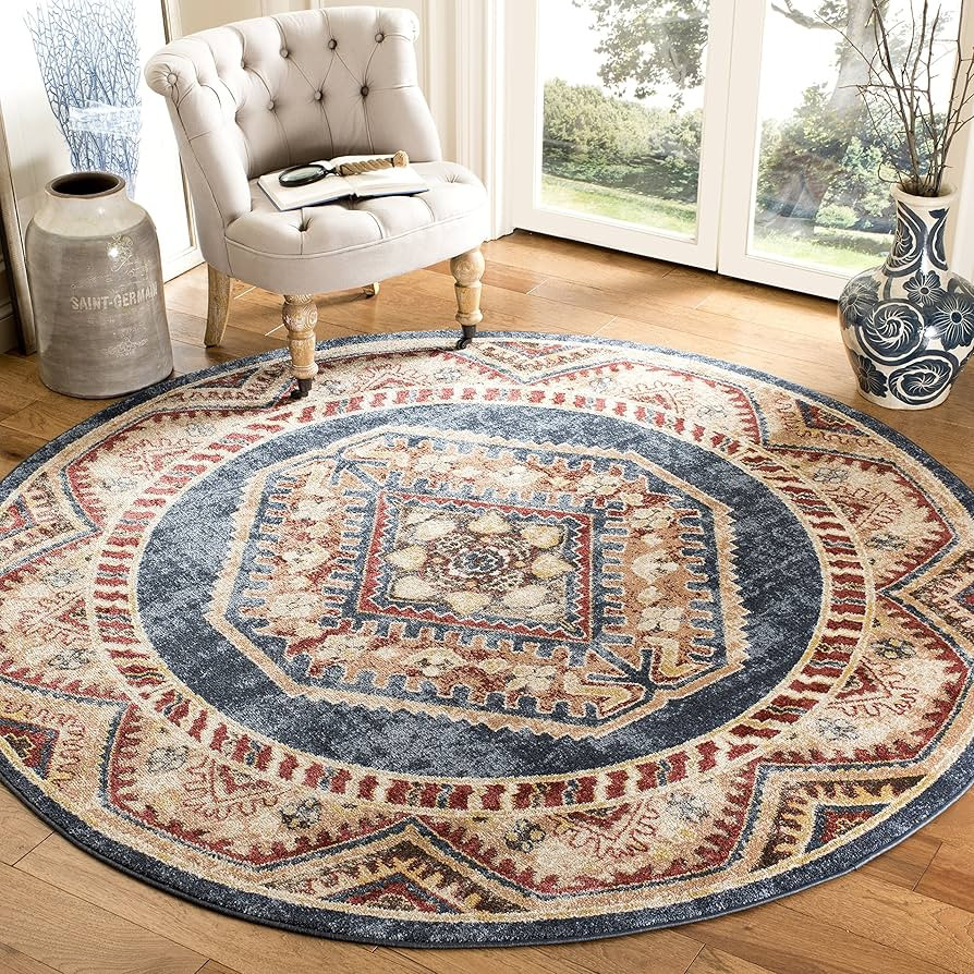 SAFAVIEH Bijar Collection Area Rug - 6'7" Round, Royal & Rust, Traditional Oriental Distressed De... | Amazon (US)
