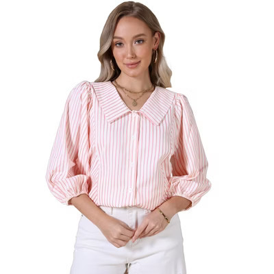 INSPIRE CHIC Women's Button Down Striped Dressy Casual Turndown Collar 3/4 Puff Sleeve Babydoll X-Large Pink | Target