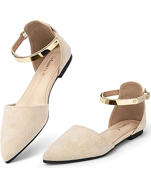 Zelaprox Women's Black Pointed Toe Flats Rhinestone Bow Ankle Strap Ballet Flats Comfortable Slip... | Amazon (US)