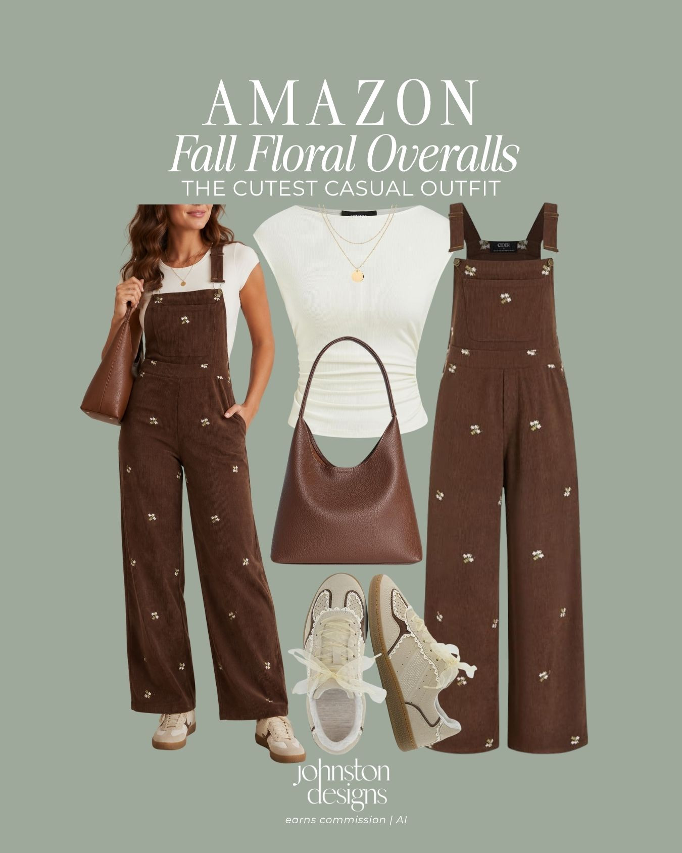 The cutest casual outfit! Brown floral embroidered overalls paired with a simple fitted white tee, a rich brown shoulder tote, layered gold necklaces, and sweet lace-detailed sneakers make for an effortless, charming fall look. 🤎

Amazon fall floral overalls, brown embroidered corduroy overalls, white short sleeve fitted top, brown leather shoulder bag, lace trim sneakers, layered gold pendant necklace, casual fall outfit, cute autumn fashion, women’s Amazon fashion, embroidered denim overalls

#amazonfinds #amazonfashion #floraloveralls #falloutfit #casualstyle #brownoveralls #autumnoffit #everydaystyle #streetstyle #cozystyle 

 #LTKootd #LTKSeasonal