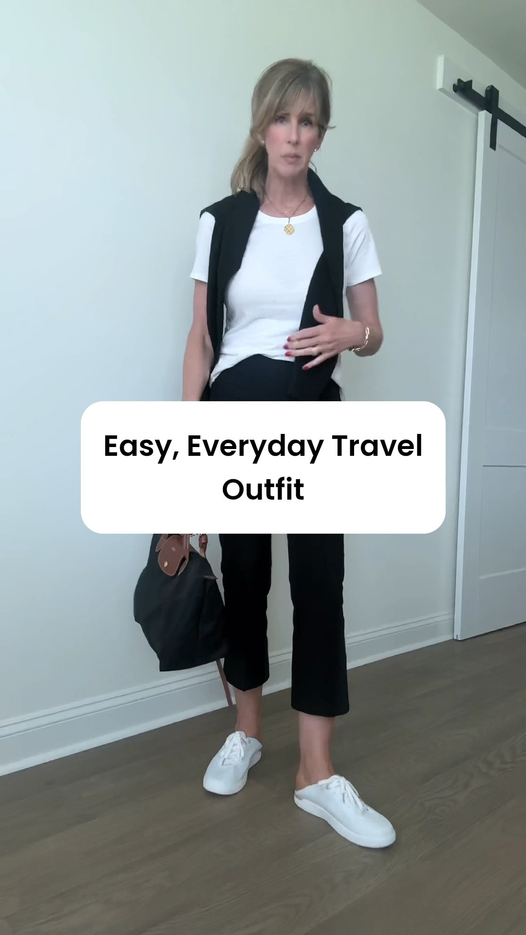 I’m all about ease and comfort when I travel.  I want to look out together but be equally comfy.  

These black pants are the perfect combination of comfort and polish.  

Pull on, stretch band waist.  Zippered pockets (which I love for keeping my room key accessible during travel).  The pleating detail just elevates them.  

I wore this 4 times over a 7-day trip to Charleston (travel day, sightseeing, shopping and dinner). 

Wearing a size medium.  Runs true to size.  

White tee is a brand I absolutely love, but understand it’s a splurge so tagged another brand I own and also love. 

A lightweight cashmere cardigan is something I travel with every month of the year regardless of temperature.  They are soft, breathable and provide an additional layer that can easily be removed or added. 

And my sneakers are the lightest weight sneaker that can be worn two ways: tied or with the collapsible heel down as a slide in.  

My tote is the medium size.  

#traveloutfit #airportoutfit #travelessentials

#LTKootd #LTKTravel #LTKOver40