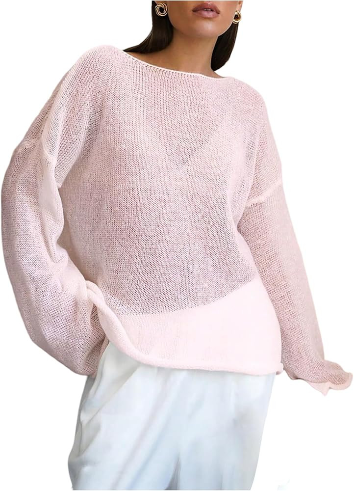 SHENHE Women's Oversized Sweater Jumper Boat Neck Lightweight Sheer Knit Top Pullover | Amazon (US)