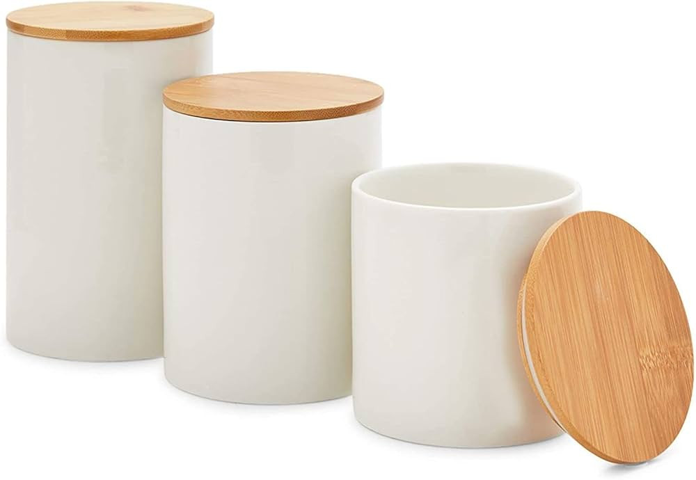 Set of 3 White Ceramic Kitchen Canisters with Wooden Bamboo Lids (3 Sizes) | Amazon (US)