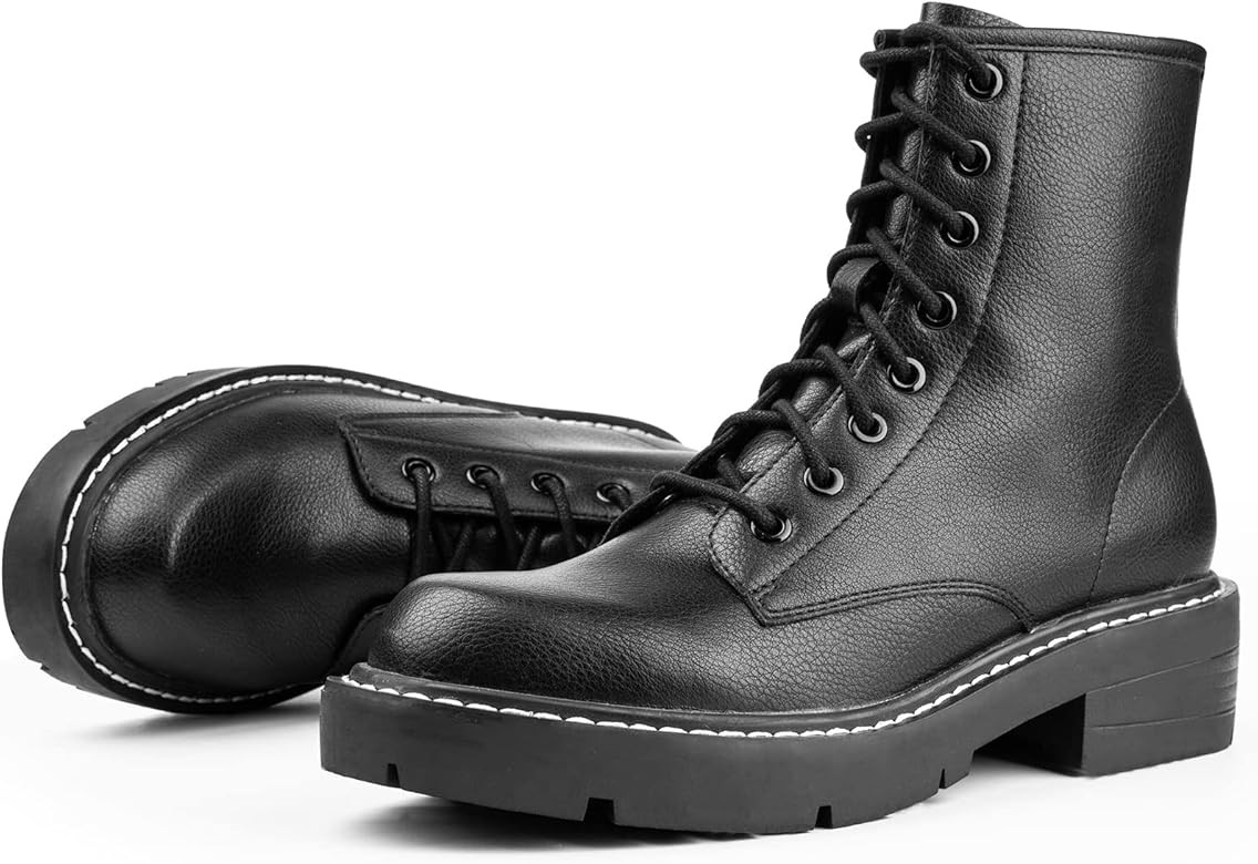ICHIGO Women’s Fashion Ankle Booties Causal 8-Eye Side Zipper Lace-up Combat Boots | Amazon (US)