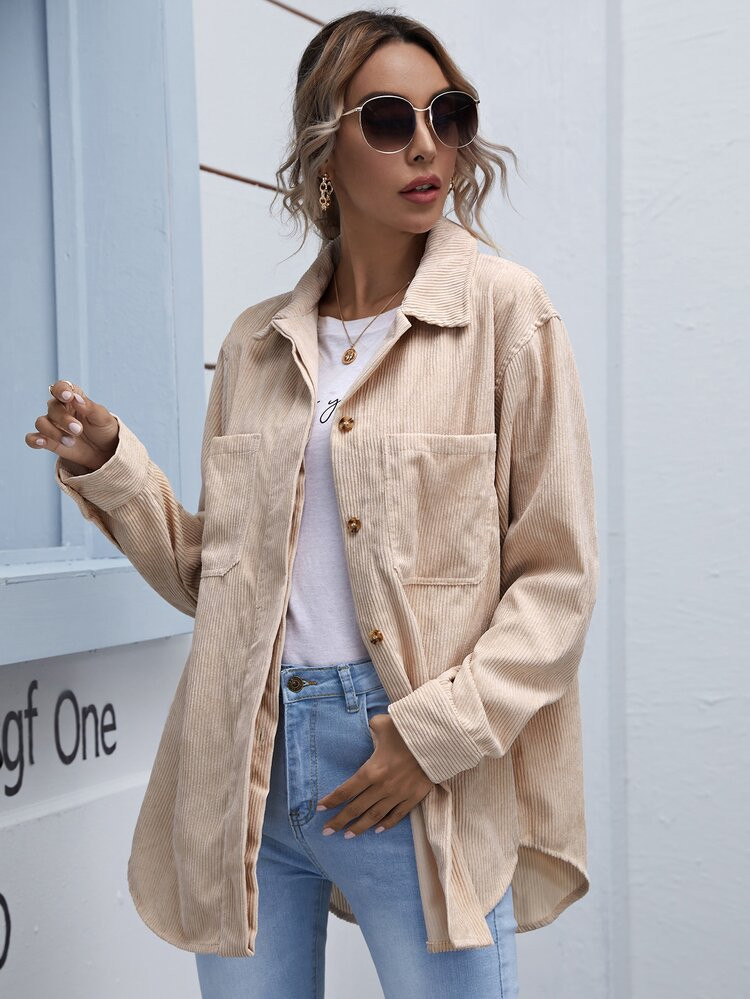 Corduroy Button-Front Curved Hem Overshirt | SHEIN