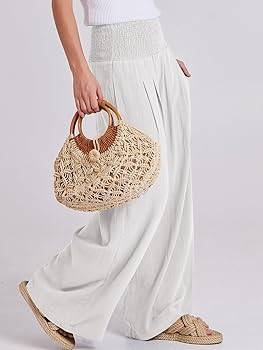 ANRABESS Women Linen Palazzo Pants Summer Boho Wide Leg High Waist Casual Lounge Pant 2024 Beach ... | Amazon (US)