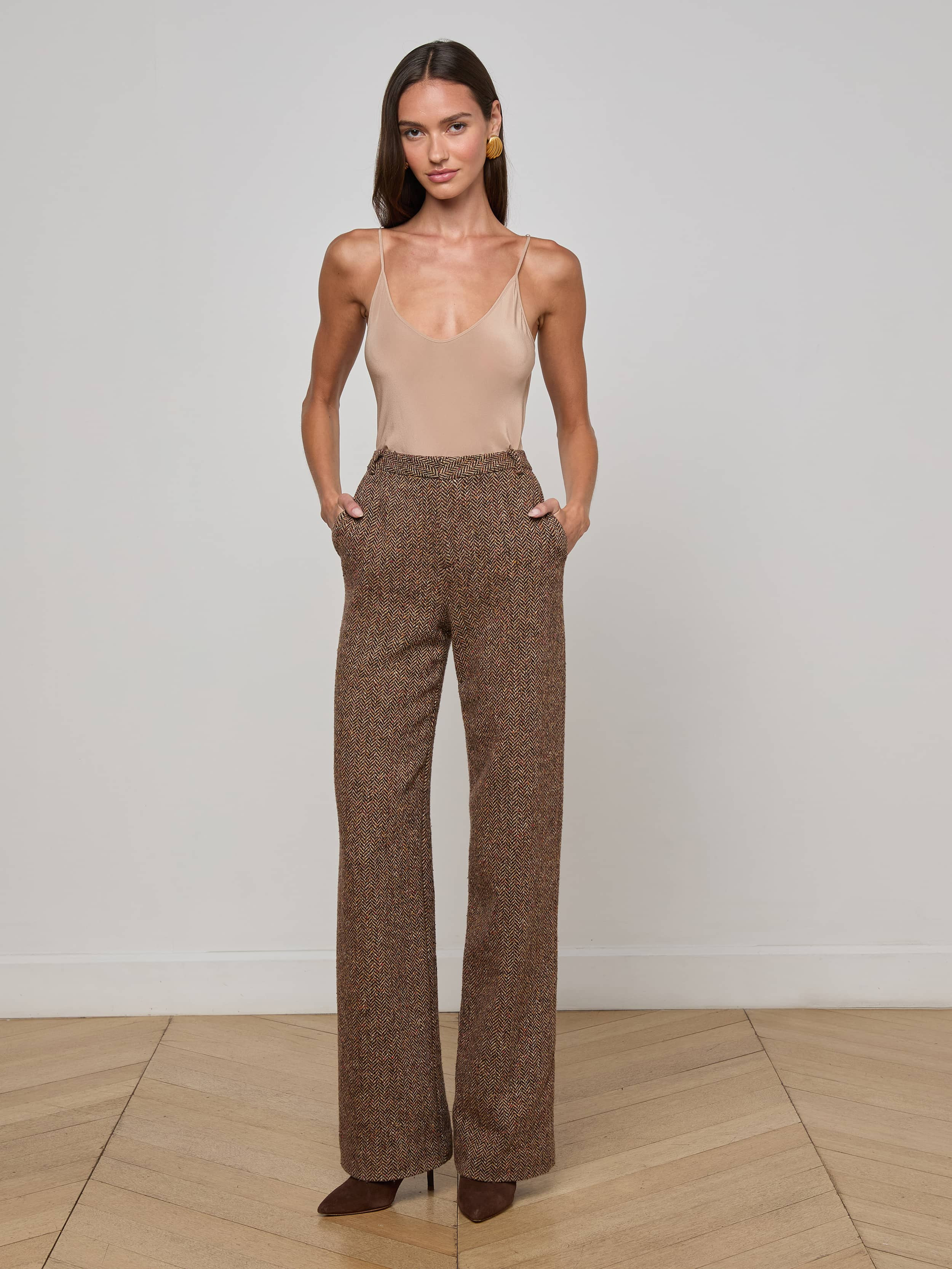 Livvy Straight-Leg Trouser in Brown Herringbone | L'AGENCE | L'Agence