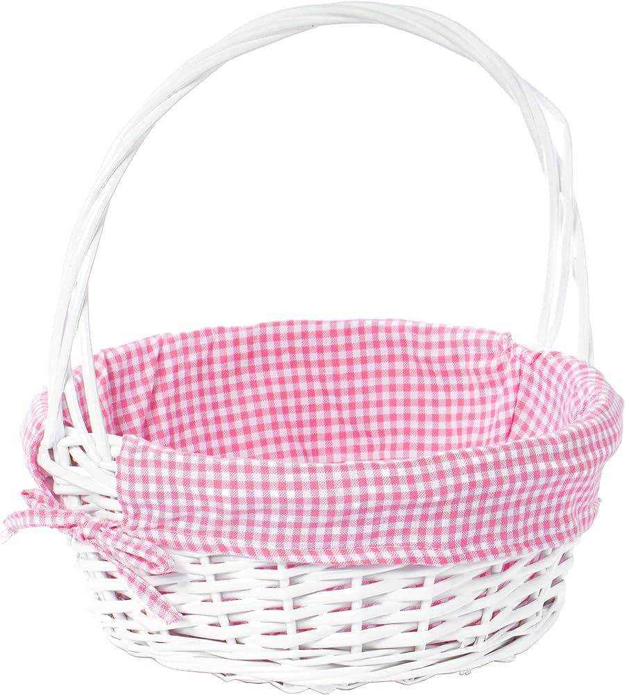 White Round Willow Gift Basket, with Pink Gingham Liner and Handle - Medium | Amazon (US)