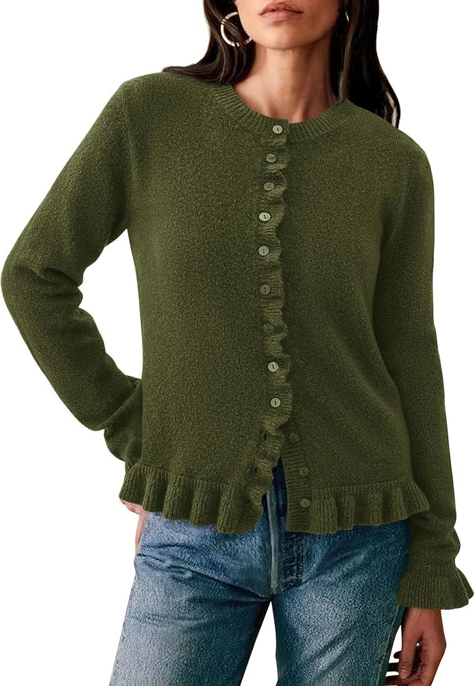 PRETTYGARDEN Womens Fall Button Down Cardigans Chunky Knit Ruffle Open Front Cropped Cardigan Swe... | Amazon (US)
