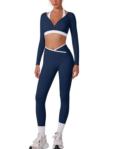 ABOCIW Workout Sets for Women Color Block Long Sleeve Crop Top with Built-in Bra Crossover High Waist Leggings Gym Set Yoga Pilates Outfits Fall Clothes Crossover Navy X-Small | Amazon (US)