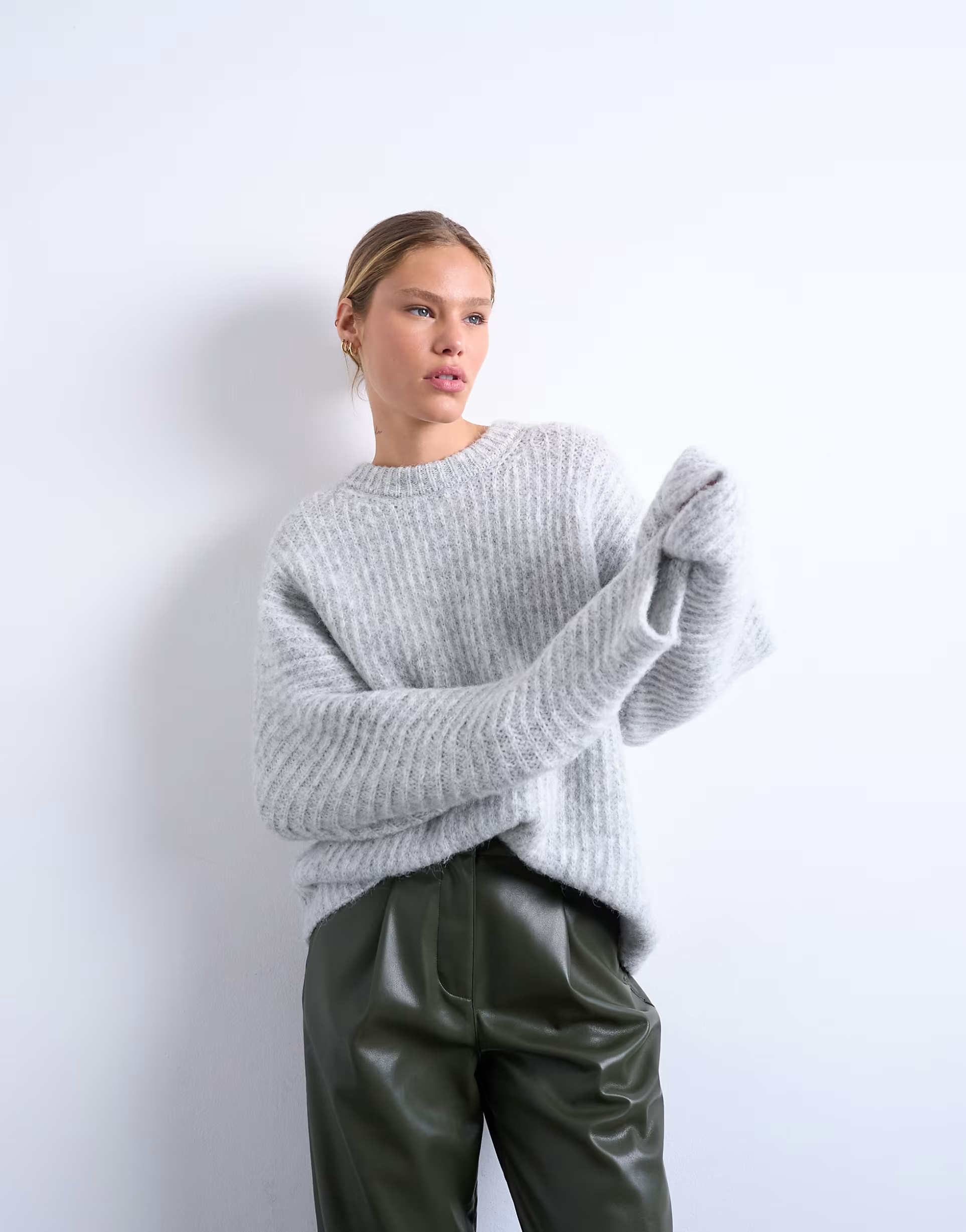 Topshop oversized rib knit balloon sleeve sweater in gray | ASOS (Global)