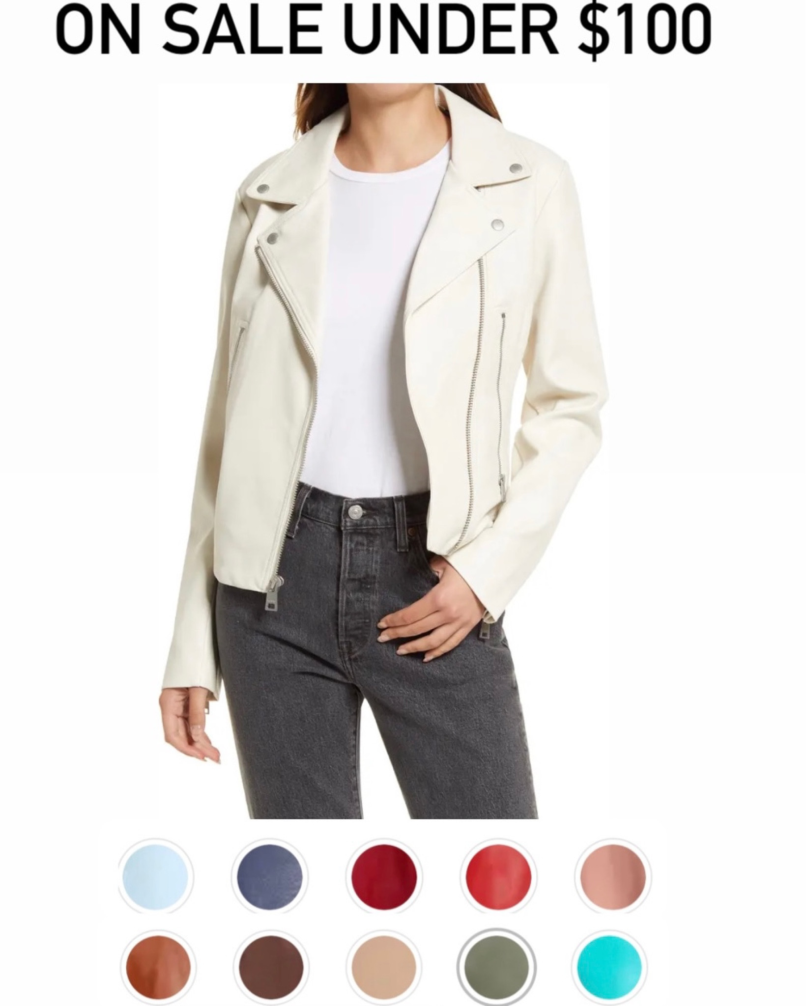 Faux leather jacket on sale under $100. Perfect for the fall season and comes in a bunch of different colors, which are all on sale. This is a biker jacket style with silver zipper details and fits true to size.

#LTKunder100 #LTKSeasonal #LTKsalealert