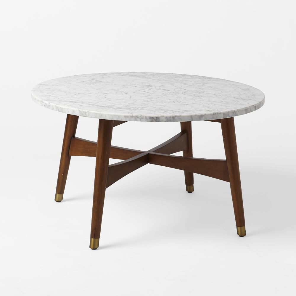 Reeve Mid-Century 30&amp;quot; Round Coffee Table, Marble, Walnut | West Elm (US)