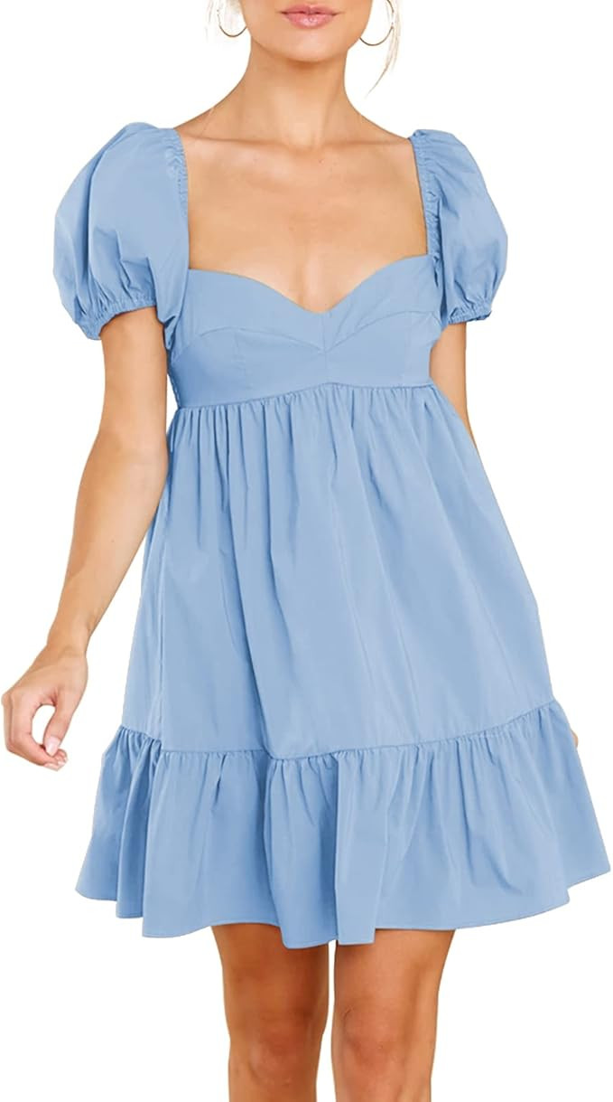 BELONGSCI Women's Summer Cute Dress Sweetheart Neckline Puff Sleeve Ruffle A-Line Casual Loose Fl... | Amazon (US)