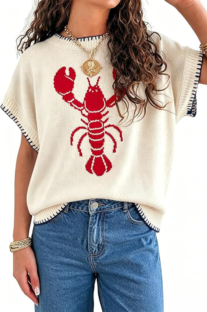 Womens Crawfish Sleeveless Knit Sweater Vest Casual Crewneck T Shirts Summer Pullover Tops | Amazon (US)