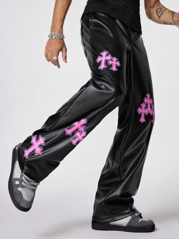 Manfinity StreetEZ Men's Loose Straight Brazil Leather Long Pants, Graphic Going Out Baggy Pants,... | SHEIN