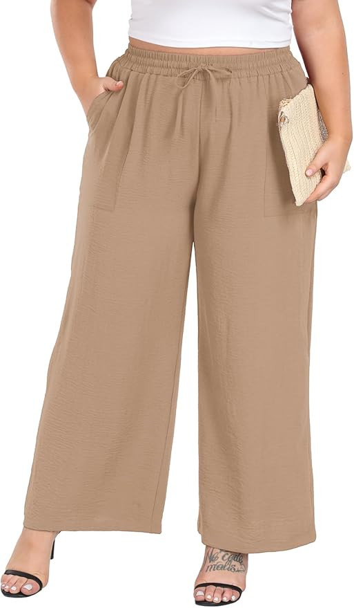 Lastshe Women's Plus Size Wide Leg Pants Summer Stretchy Drawstring Waist Comfortable Fit Casual ... | Amazon (US)