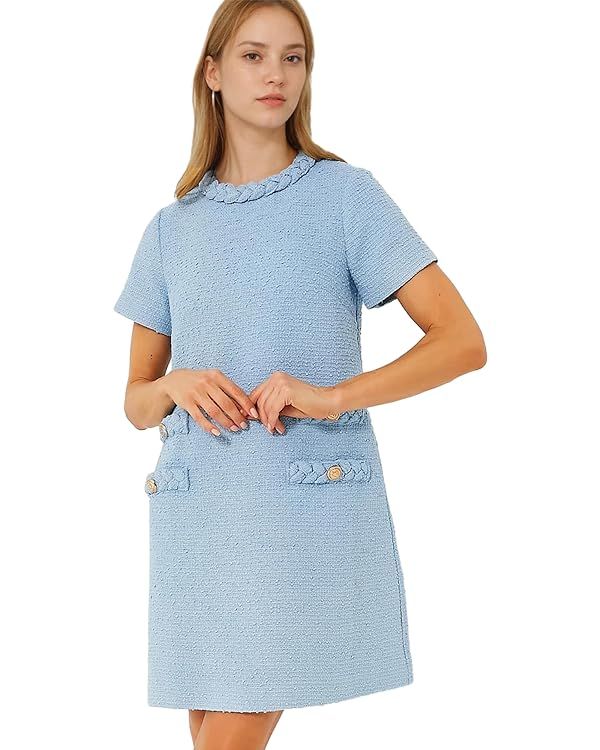 Hixiaohe Womens Elegant Tweed Dress Short Sleeve Crew Neck A-line Bodycon Mini Skirt Party Busine... | Amazon (US)