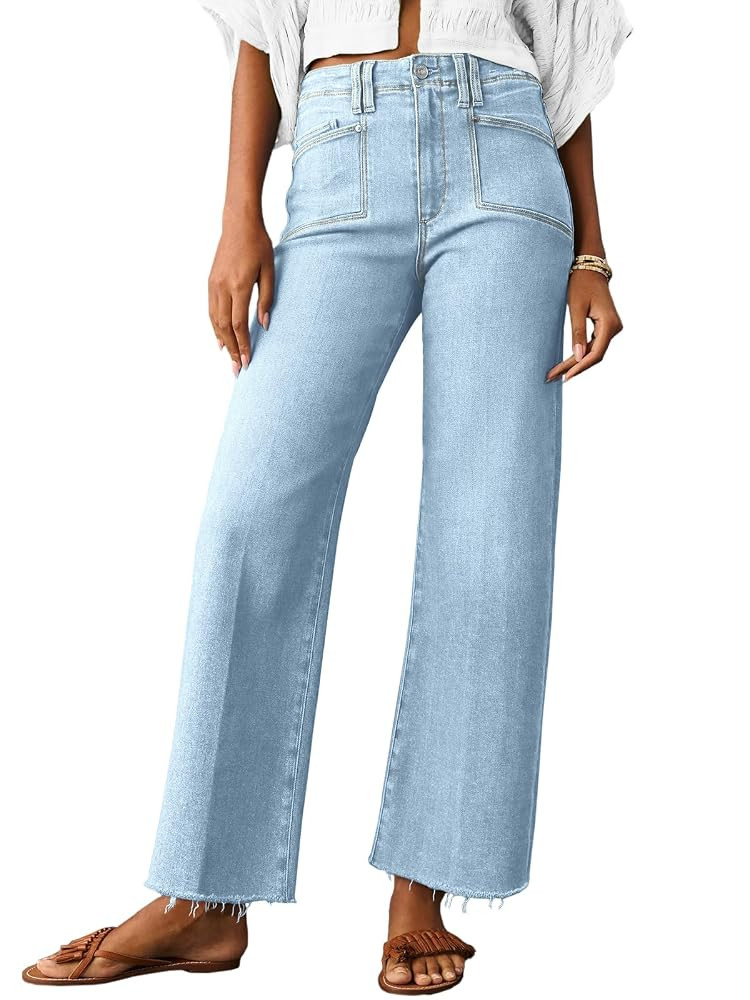 Cicy Bell Womens High Waisted Cropped Jeans Trendy Stretchy Baggy Straight Leg Raw Hem Capri Deni... | Amazon (US)