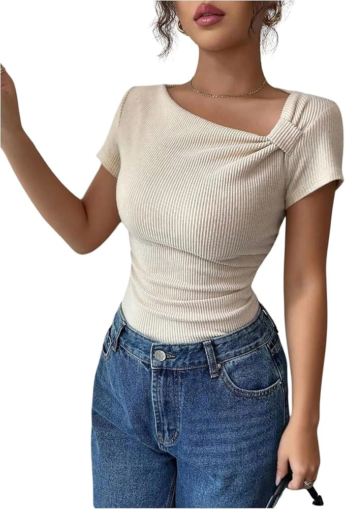 OYOANGLE Women's Short Sleeve Ribbed Tops Asymmetrical Neck Fitted Ruched Dressy Tee Shirt | Amazon (US)