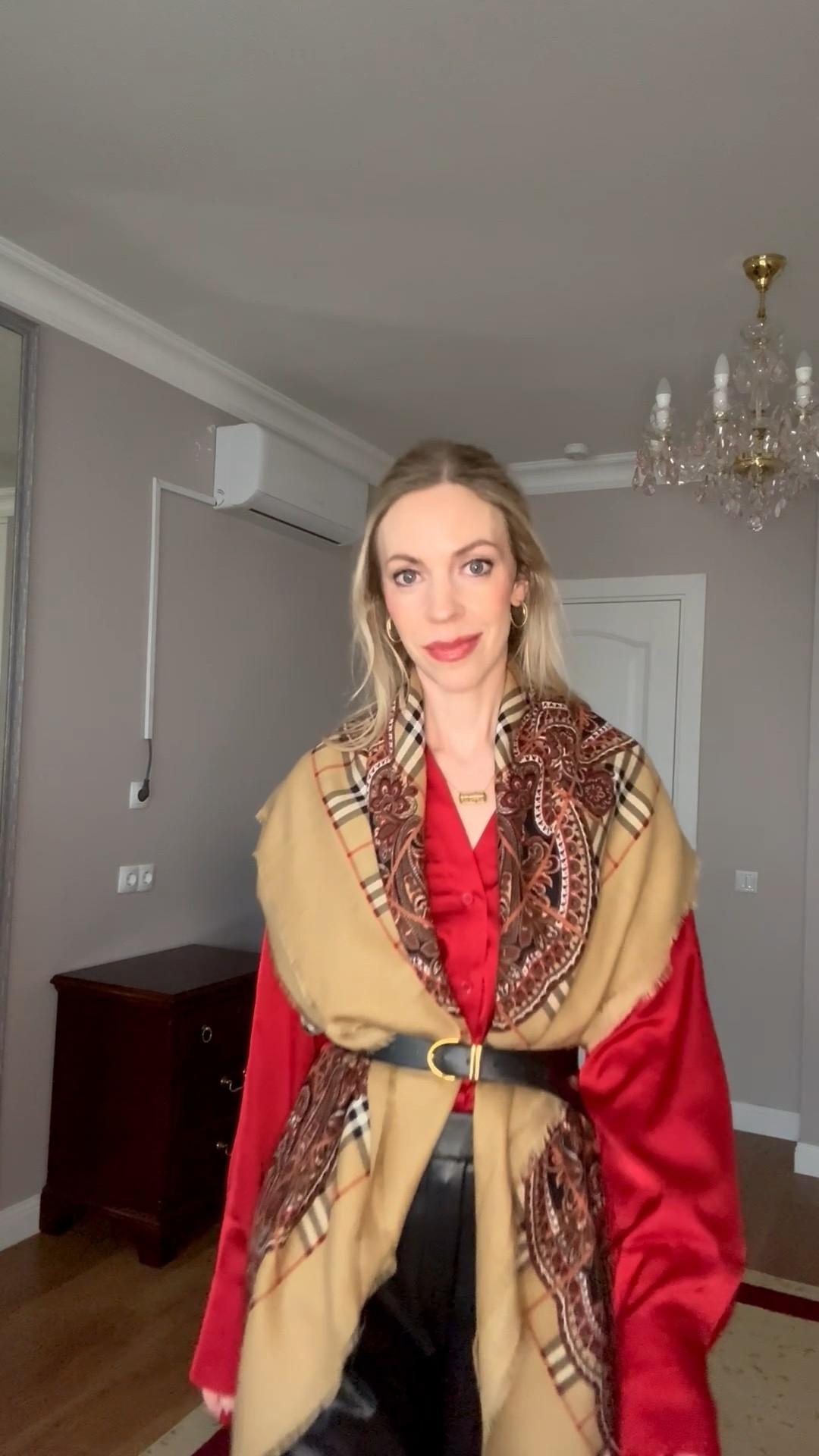 Work wear outfit, holiday outfit, vintage Burberry scarf, red shirt, faux leather wide leg pants, office style 

#LTKHoliday #LTKFindsUnder100 #LTKWorkwear