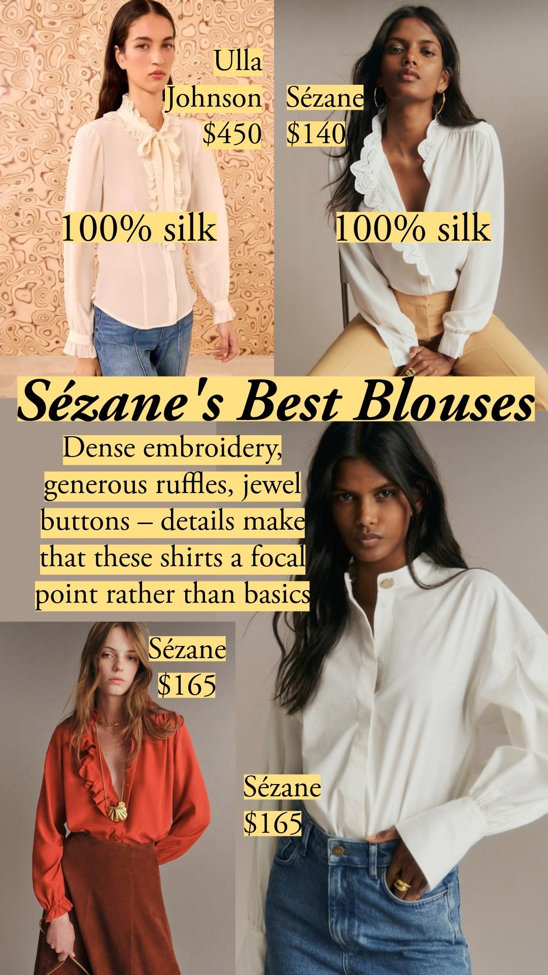 Sézane's blouses are where the detail work shows up: dense embroidery, generous ruffles, and ruching along the shoulders that gives you real fabric across the bust. Note that several of this season's styles have very voluminous sleeves – beautiful on their own, bulky under a sweater or jacket, so go straight or slim if you layer. Chlo runs fitted; size up if you're between.

#LTKootd #LTKSeasonal