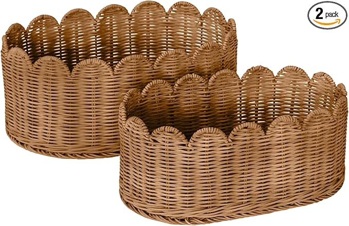 BEBE BASK Premium Scalloped Basket Set Of 2 - Scallop Basket - 16 x 10 x 7 Inch - Hand-Woven Eleg... | Amazon (US)
