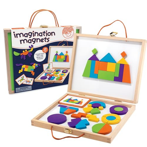 MindWare Imagination Magnets Wooden Pattern Blocks Set - Imaginative Play with magentic Shapes in a Carrying case - 42 Magnetic Solid Wooden Blocks, 50 Full-Color Laminated Puzzles | Amazon (US)
