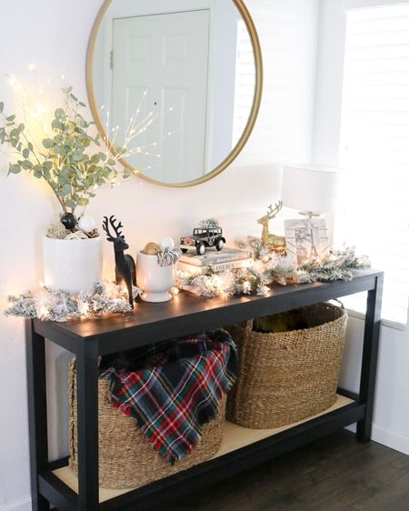 black console table, holiday decor entryway, black Christmas decor, flocked garland under $25