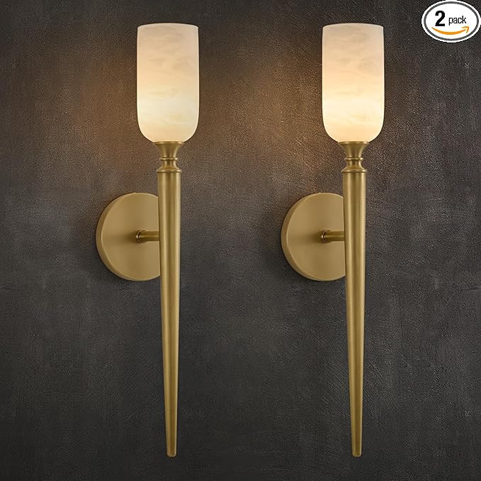 Vintage Alabaster Brass Wall Sconce: Set of 2 Antique Spanish Natural Marble Modern Vanity Wall L... | Amazon (US)