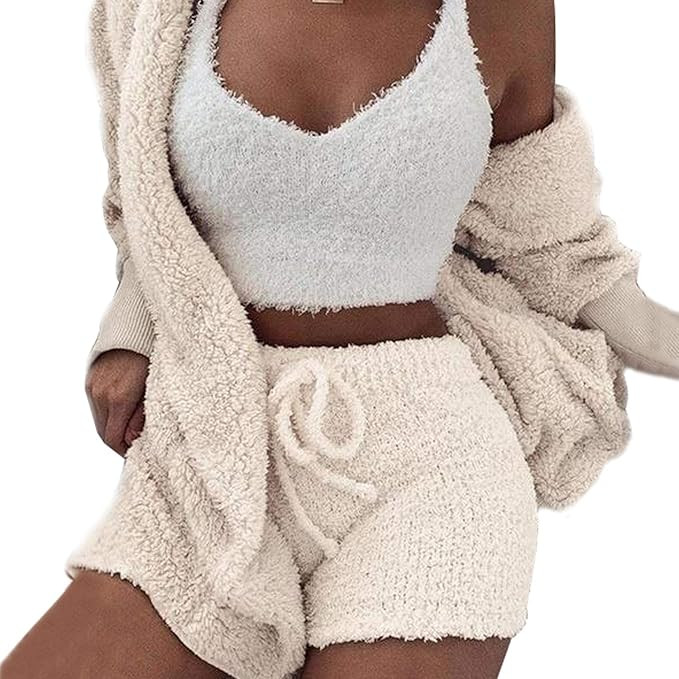 Womens Sexy Fuzzy Warm Sherpa Fleece 3 Piece Outfit Fleece Coat Jacket Outwear and Spaghetti Stra... | Amazon (US)