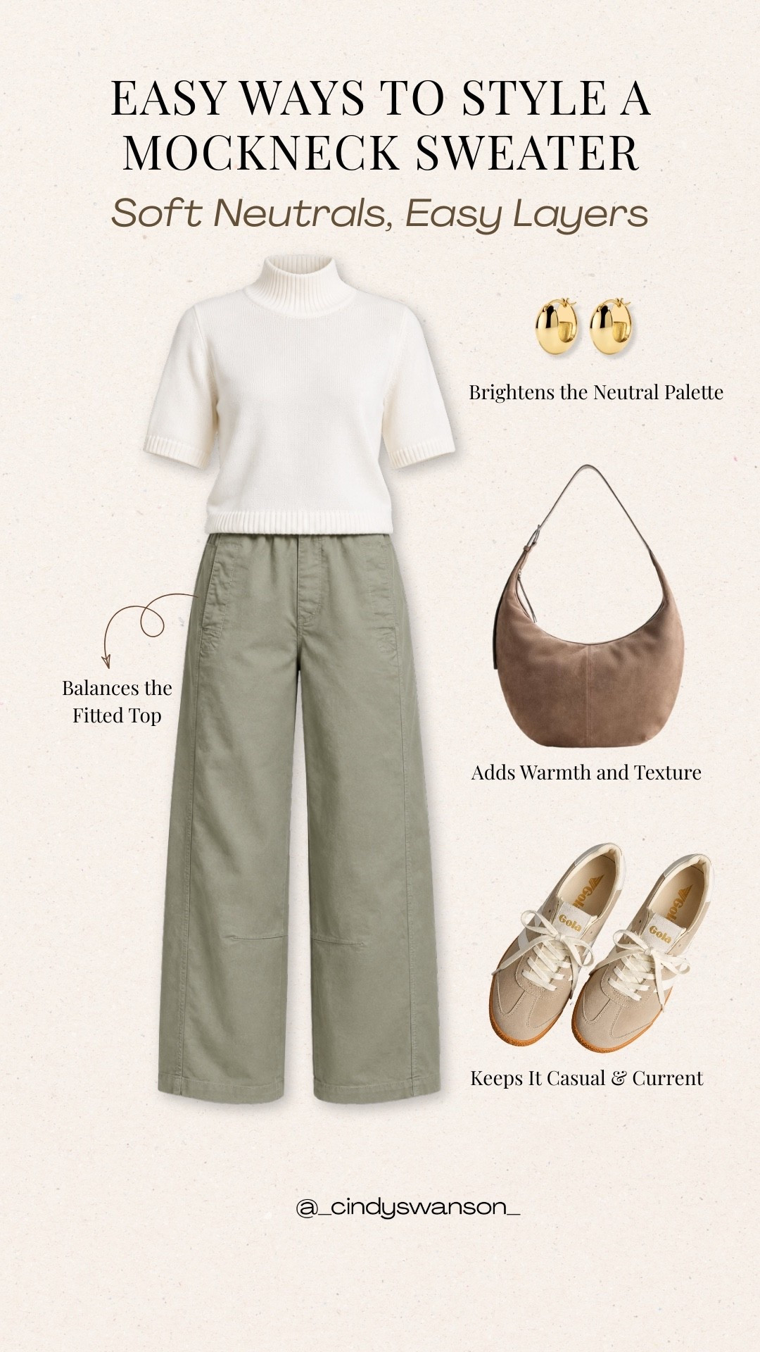 A cream mockneck sweater paired with soft sage-green pants is such an easy neutral combination. I love how the relaxed pants balance the fitted sweater, while the taupe bag and sneakers keep the look casual, comfortable, and polished.

#LTKootd #LTKOver40 #LTKgrwm
