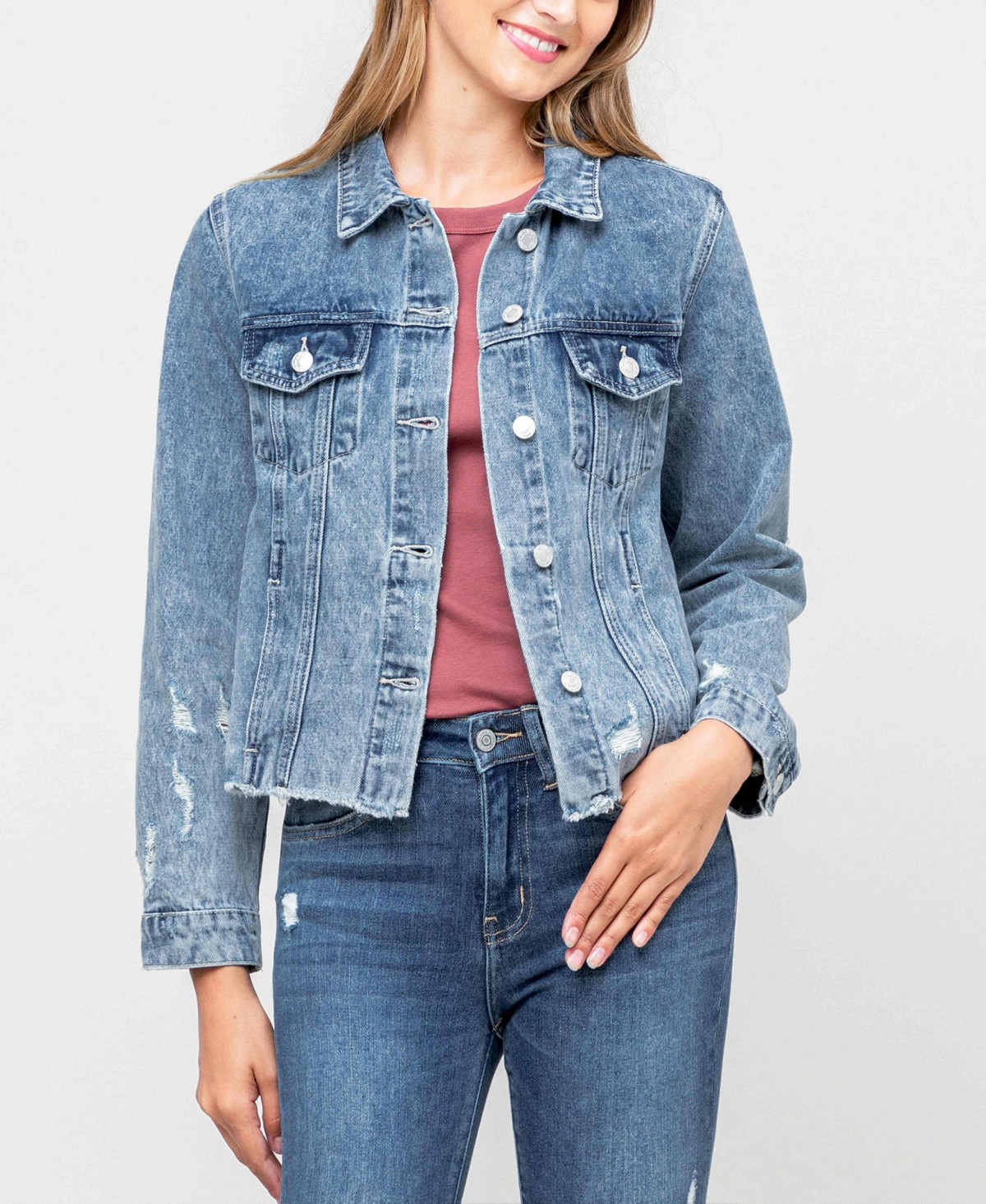 Women's Acid Wash Distressed Classic Crop Denim Jacket | Macys (US)