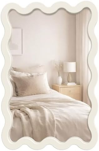 Pocetry 22"x30" White Wavy Wall Mirror for Vanity, Cream Solid Wood Irregular Mirror for Bedroom,... | Amazon (US)