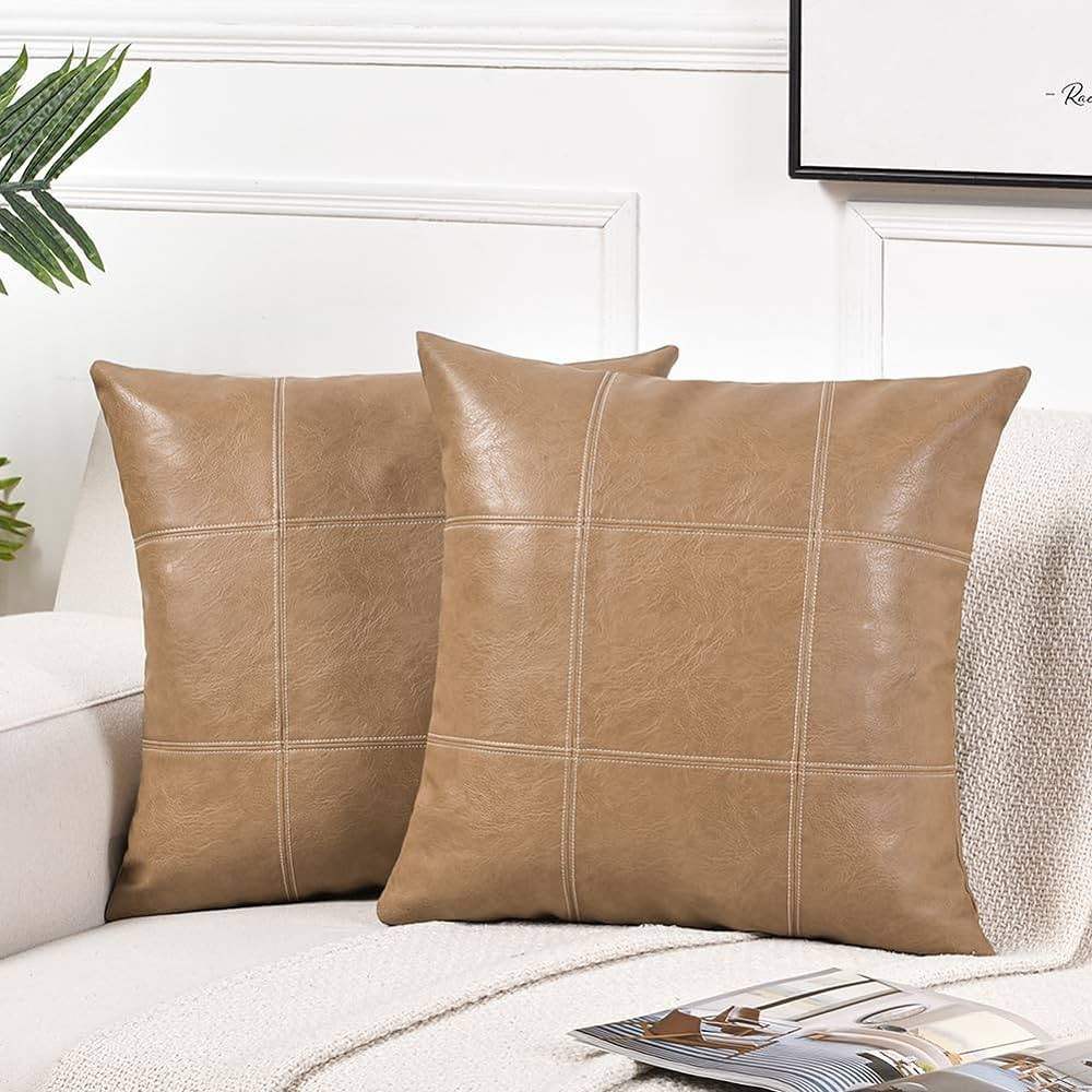 Fancy Homi 2 Packs Waterproof Faux Leather Tan Decorative Throw Pillow Covers 18x18 Inch for Outd... | Amazon (US)