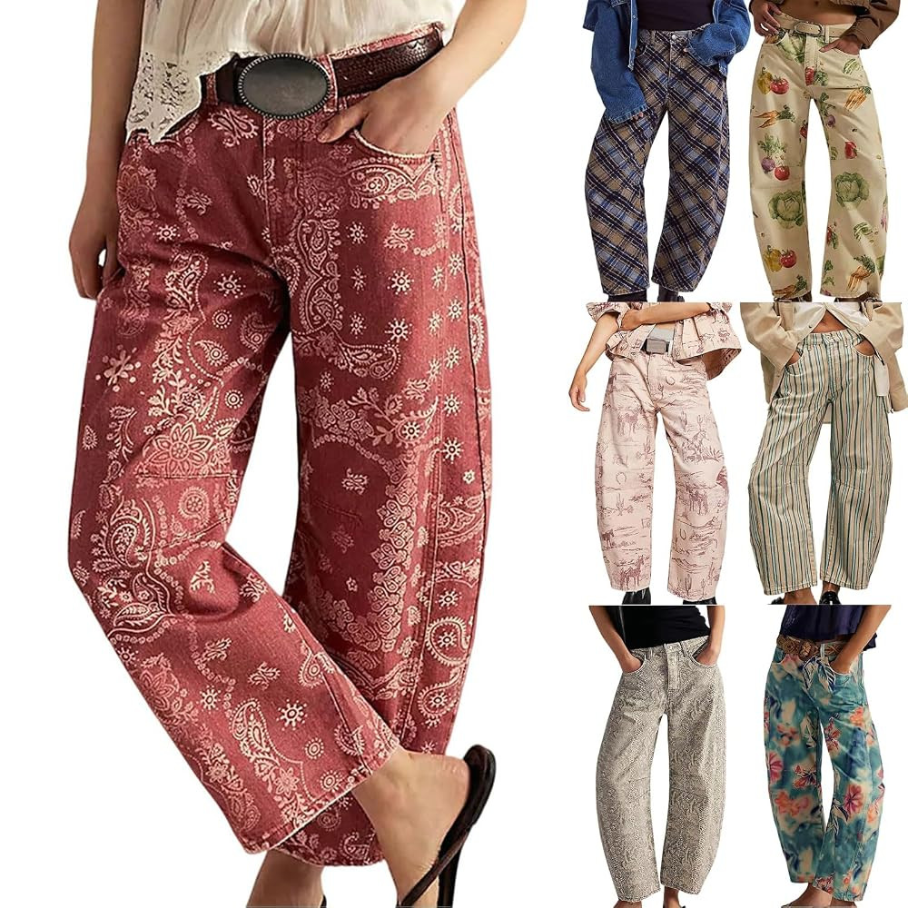 Womens Baggy Barrel Boyfriend Jeans Floral Print Denim Ankle Pants Wide Leg Flared Loose Jeans Y2... | Amazon (US)