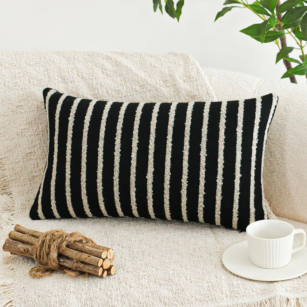 Jonhier Black Striped Lumbar Boho Throw Pillow Cover, Modern Boucle Textured Rectangle Pillowcase... | Amazon (US)