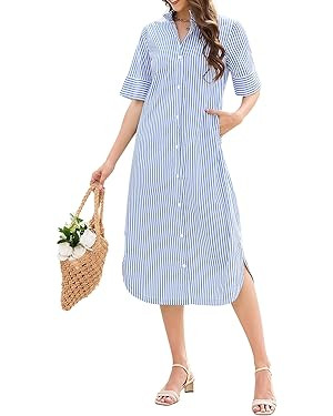 LifeShe Women Striped Midi Dress Button Down Shirt Dresses Short Sleeve Shift Beach Dress with Po... | Amazon (US)