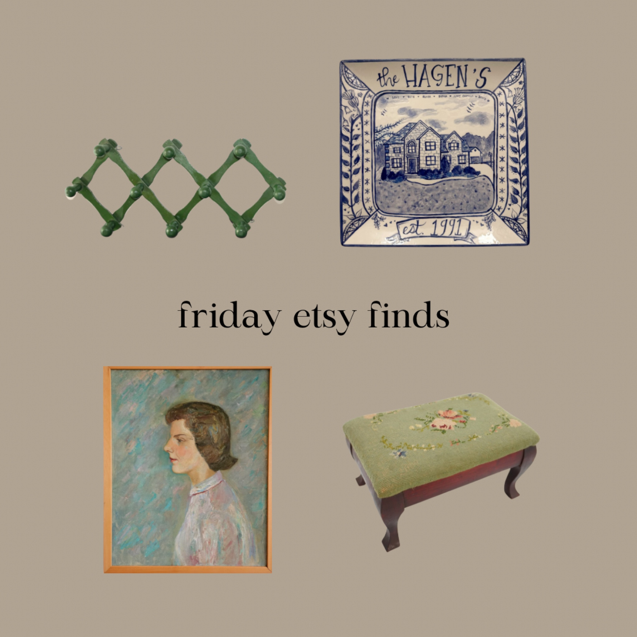My last Friday in April Etsy finds 🤎

Vintage, wedding gift, gift idea, wall hooks, vintage hooks, vintage stool, needlepoint stool, vintage artwork, portrait, oil painting, home decor 

#LTKGiftGuide #LTKstyletip #LTKhome