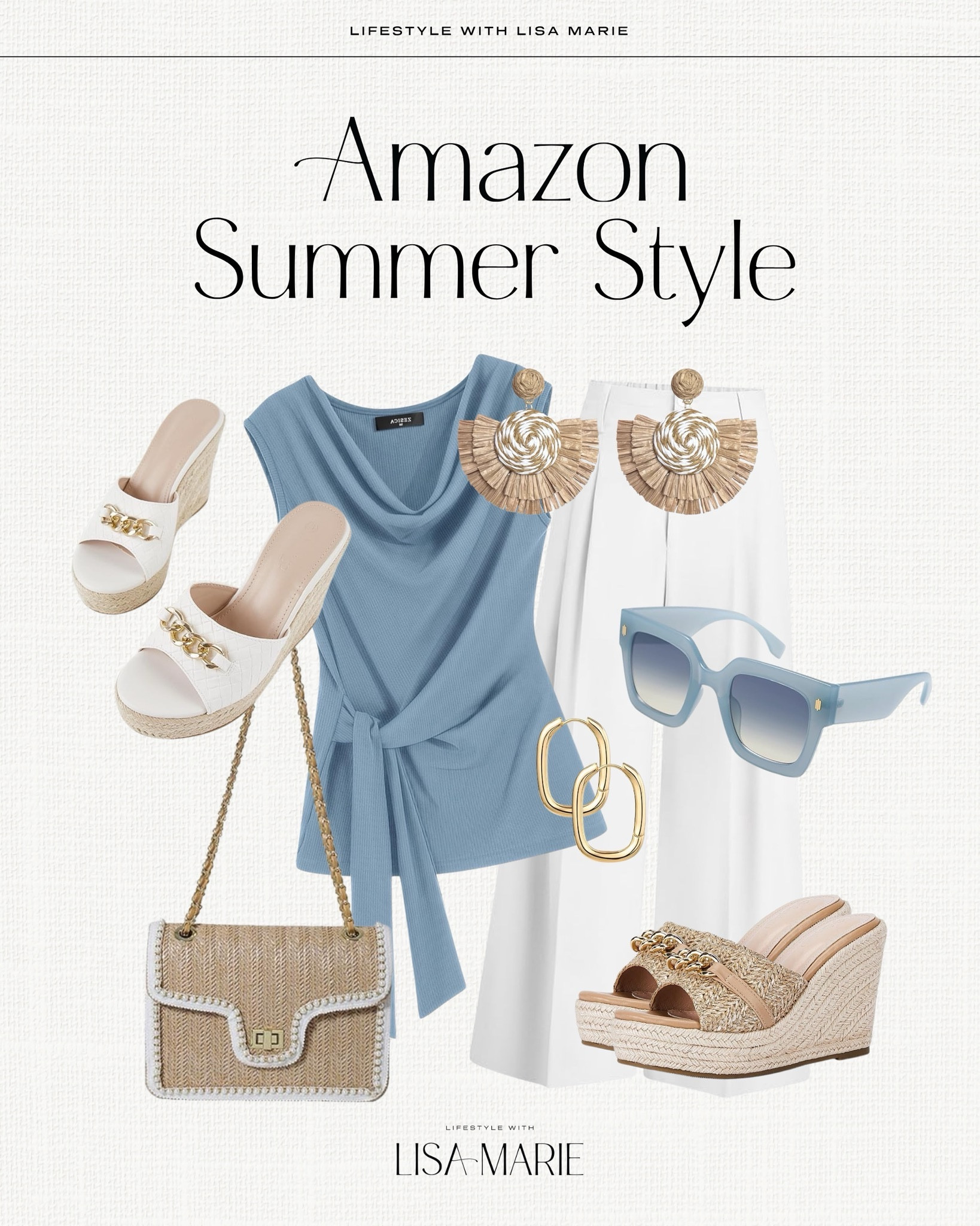Elevated casual spring outfit from Amazon that could be worn to an event, brunch or shower or worn as professional casual for a business lunch or meeting! High-waisted pants and trousers. Tie tops for workwear. Straw wedges, purses and earrings. Blue and white outfits. Dressy work outfits.


#LTKSeasonal #LTKPetite #LTKWorkwear