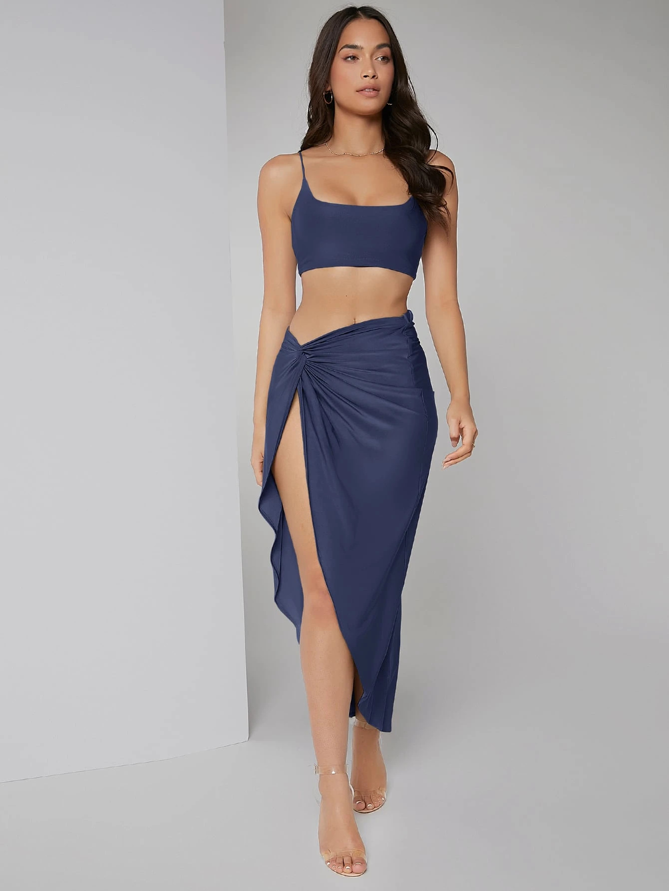SHEIN Solid Crop Cami Top & Twist Waist Skirt Set | SHEIN
