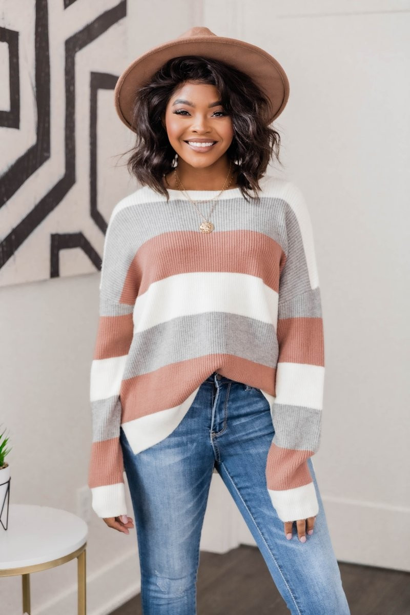 Fireside Feelings Cream Striped Sweater | The Pink Lily Boutique