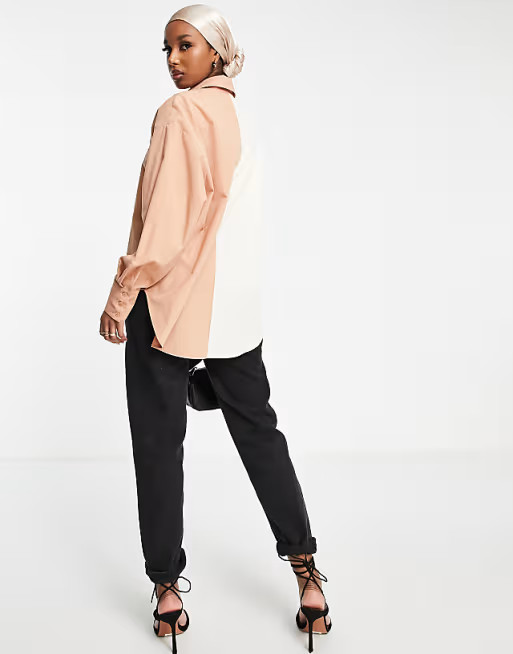 ASOS DESIGN relaxed dad shirt with dipped hem in camel & cream colourblock | ASOS (Global)
