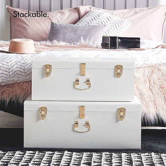 White Trunks Set of 2 - Vintage Style Storage w/Gold Finish Handles & Locks - Space Saving Organi... | Amazon (US)