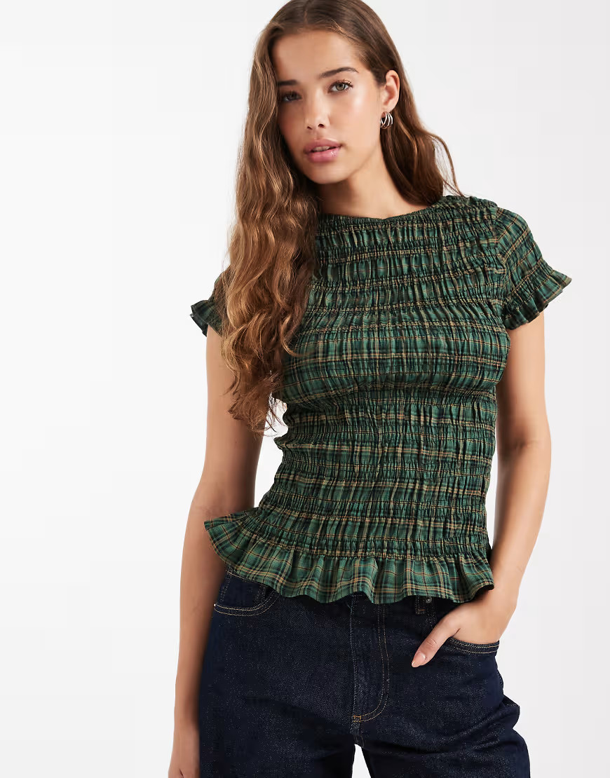 Daisy Street shirred short sleeve top in green check | ASOS (Global)