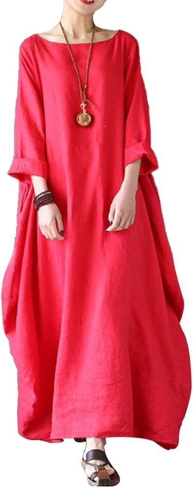 Celmia Autumn Solid Loose Long Maxi Dress Cotton Caftan | Amazon (US)