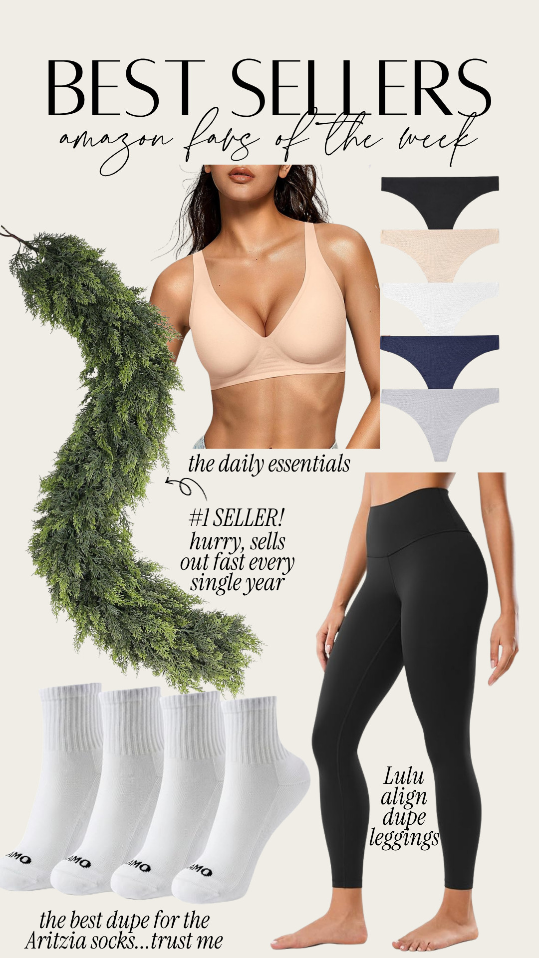Amazon best sellers of the week! My go to daily essentials - undergarments and lulu align dupe leggings (also linking the maternity + fleece lined versions). This Christmas garland sells out fast every year and looks so realistic! 

 #LTKSeasonal