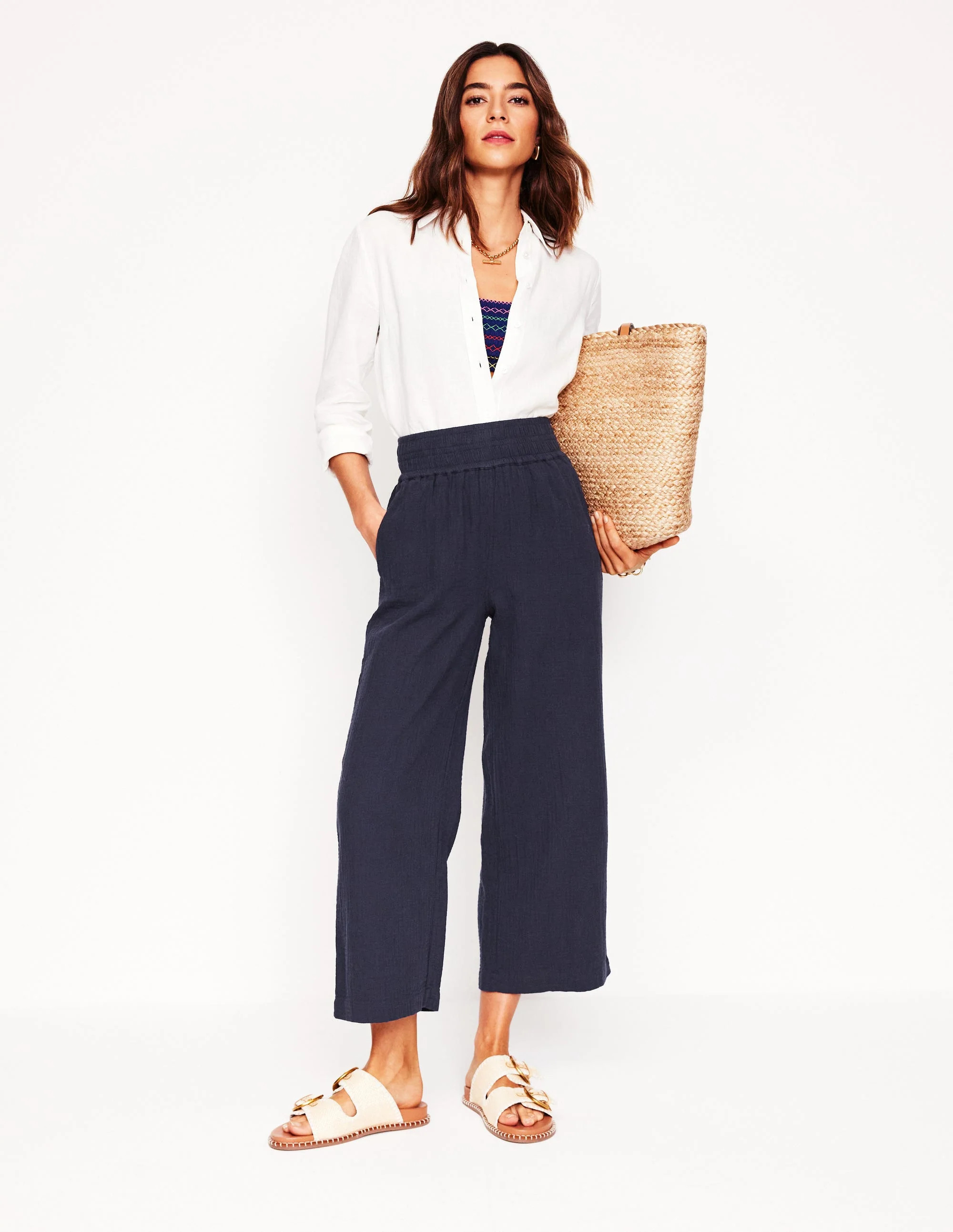 Cropped Double Cloth Trousers-Navy | Boden UK